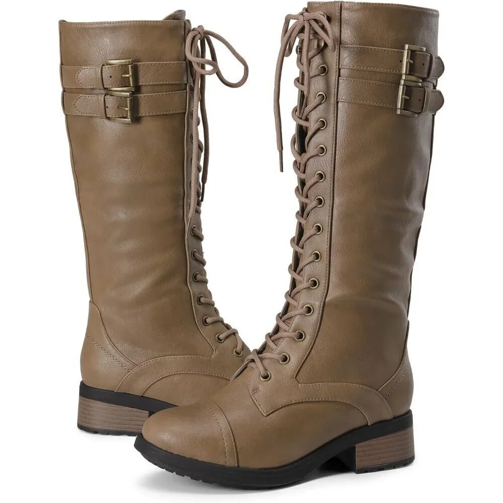 🆕Women Polyurethane Pu Georgia-Khaki Double buckle Knee High Riding Combat Boot